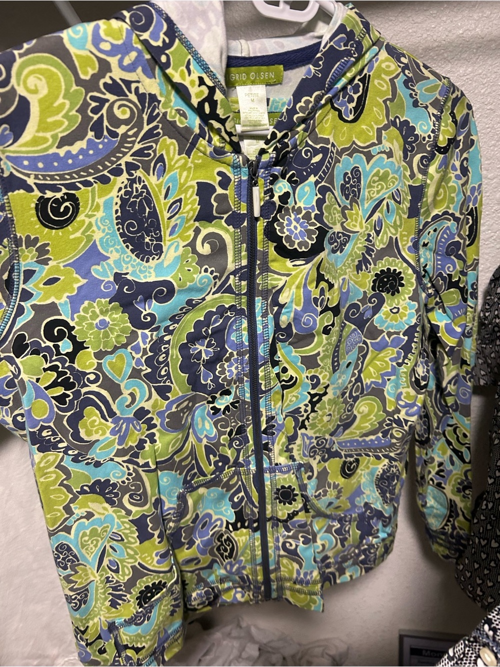 Sigrid Olsen Paisley Zip-Up Hoodie in Lime, Navy & Aqua
